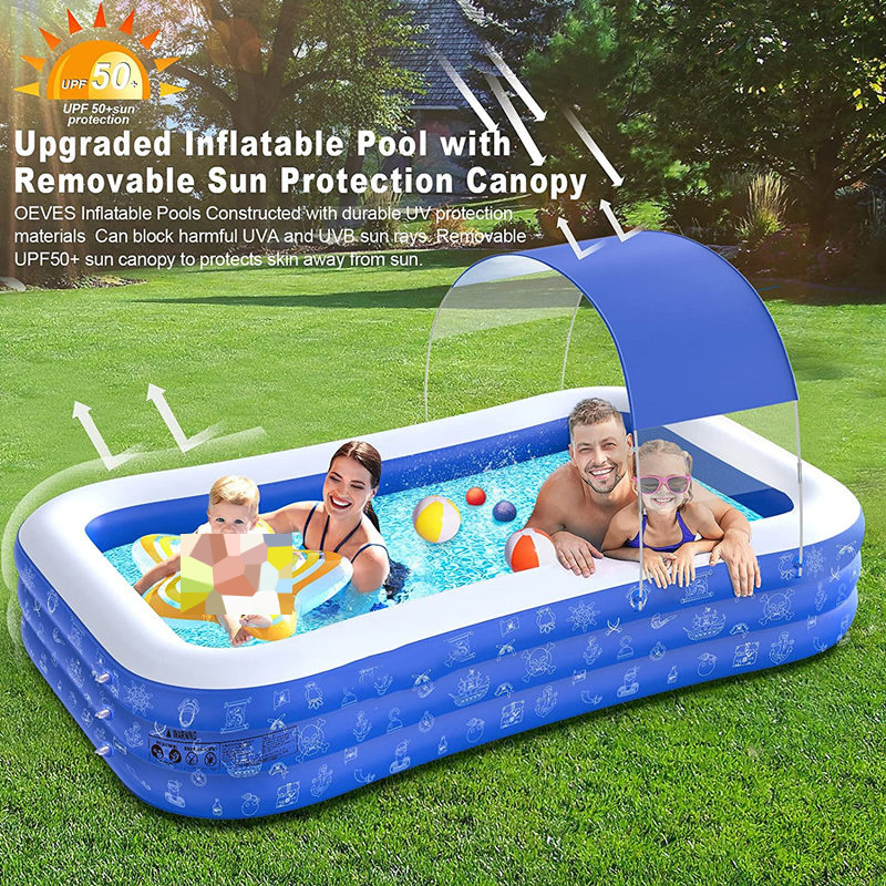 Inflatable Swimming Pool for Kids and Adults, Full-Sized Family Kiddie Blow up Swim Pools with Canopy Portable