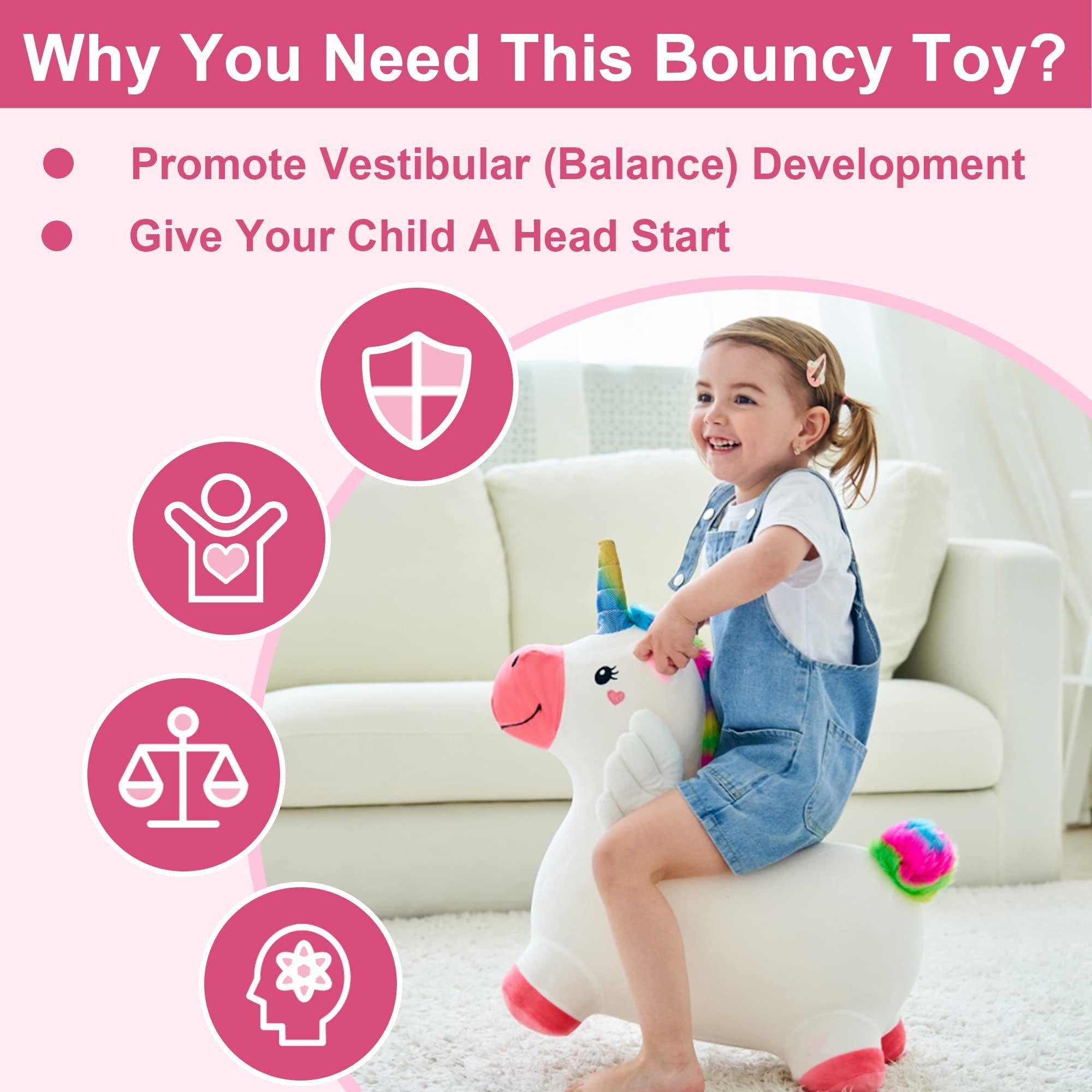 Outdoor Indoor Ride on Bouncer Toy Toddler Girl Bouncing Animal Hopper Unicorn Inflatable Plush Hopping Toy