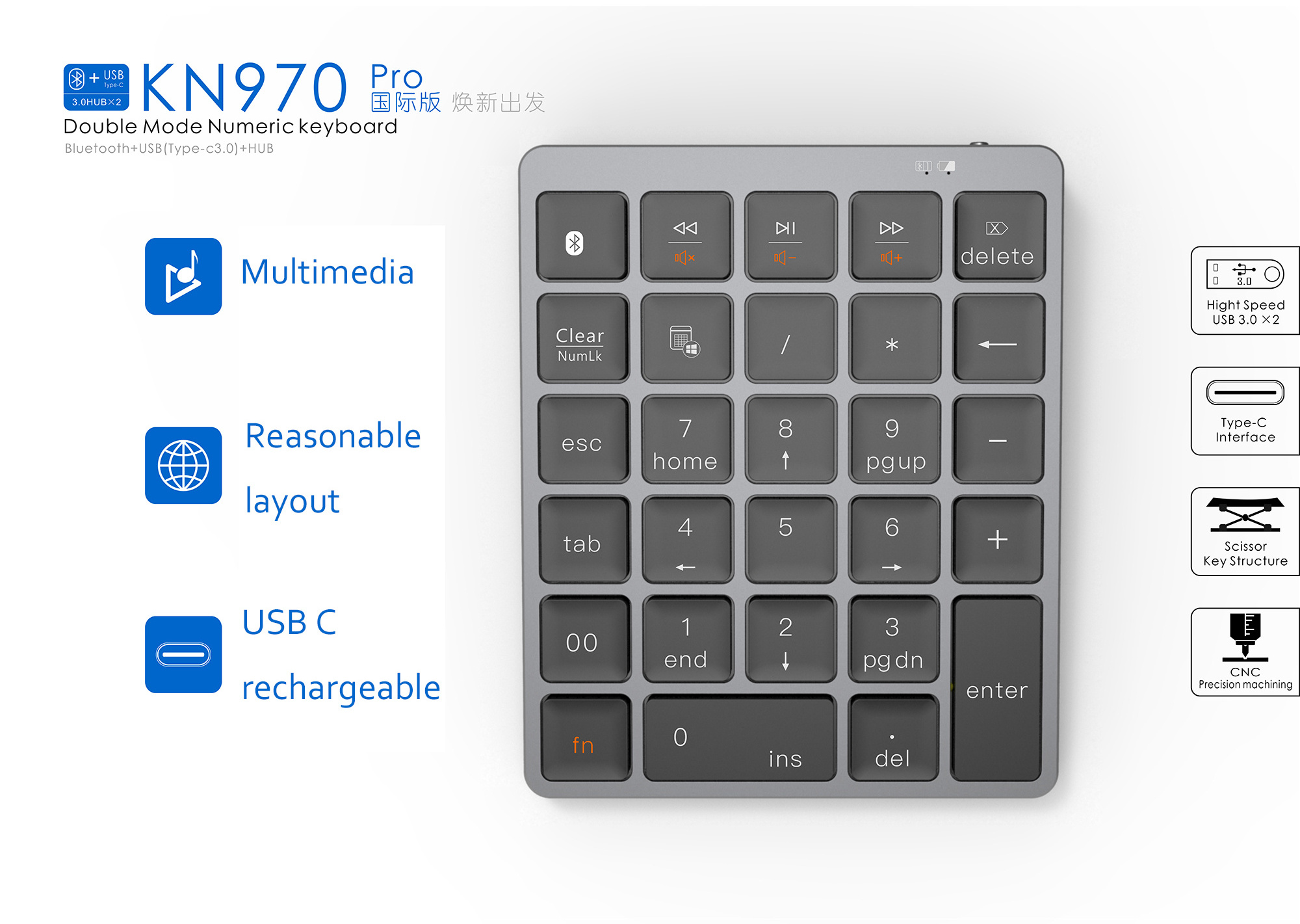 Multifunction Multi-media Hub 28 Keys Number Numpad Keyboard Wireless Numeric Calculator Keypad with Docking Function for Laptop