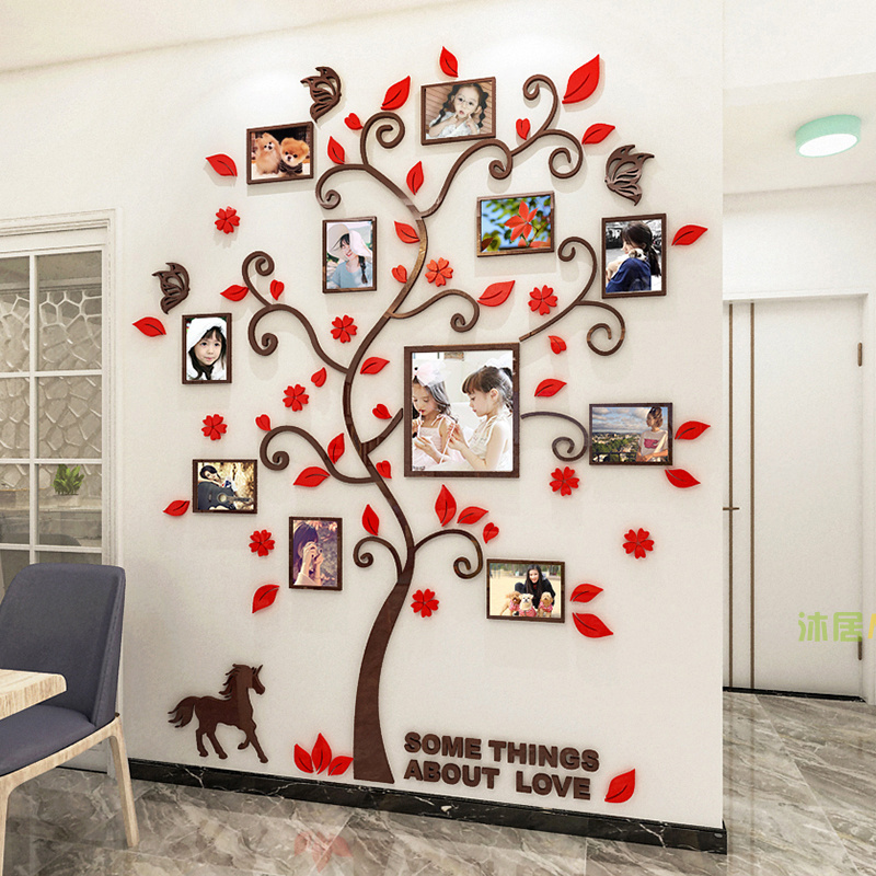 Self-adhesive Acrylic Red Tree Wall Sticker With Photo Frame For Living Room Home Decoration