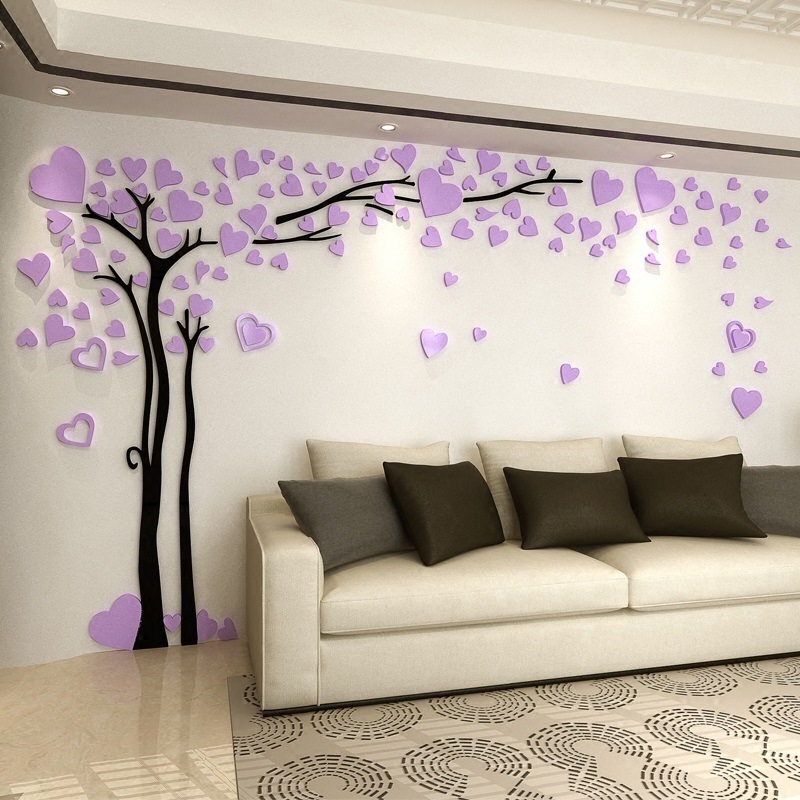 Acrylic Heart Tree Large Decorative Wall Stickers Creative 3D Wall Art Decor For Room Walls