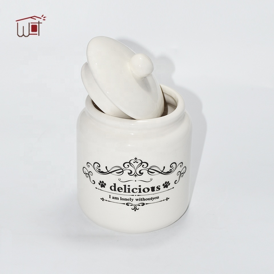 OEM White Ceramic Delicious Painting Pet Treat Jar Canister Dog Puppy Food Jar Kitty Cat Daily Food Container