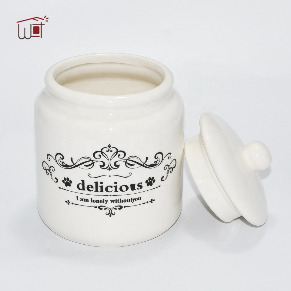 OEM White Ceramic Delicious Painting Pet Treat Jar Canister Dog Puppy Food Jar Kitty Cat Daily Food Container