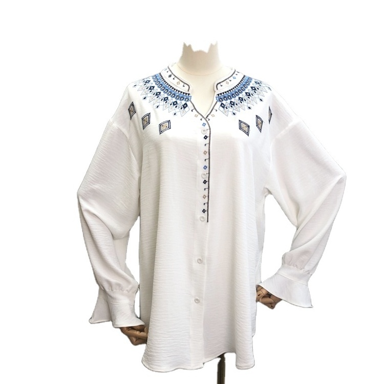 Women white color casual embroidery shirt flared sleeve turkey blouse