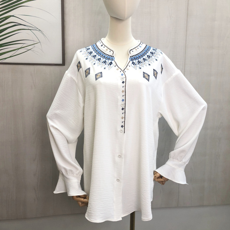 Women white color casual embroidery shirt flared sleeve turkey blouse