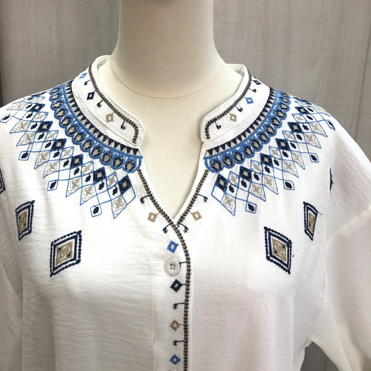 Women white color casual embroidery shirt flared sleeve turkey blouse