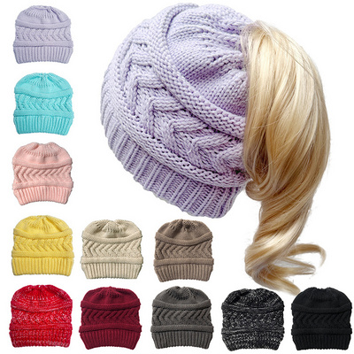 European and American Ponytail Beanie Women Girls Knitted Hats Custom Beanies