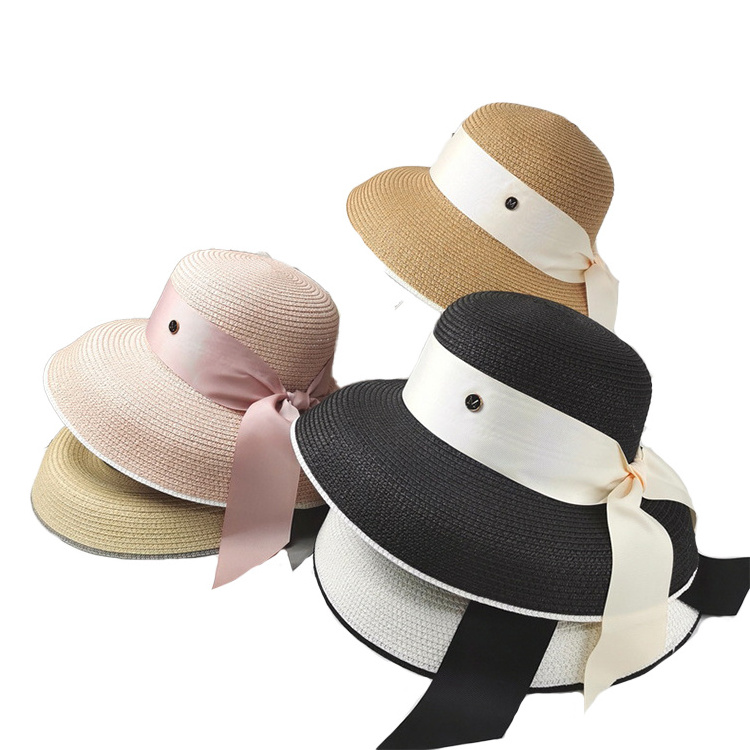 Summer Beach Sunshade Sunscreen Sun Hat Retro French Encrypted Women's Straw Hats With Satin Ribbon