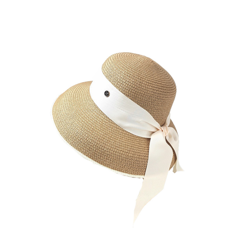 Summer Beach Sunshade Sunscreen Sun Hat Retro French Encrypted Women's Straw Hats With Satin Ribbon