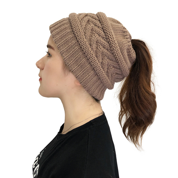 European and American Ponytail Beanie Women Girls Knitted Hats Custom Beanies