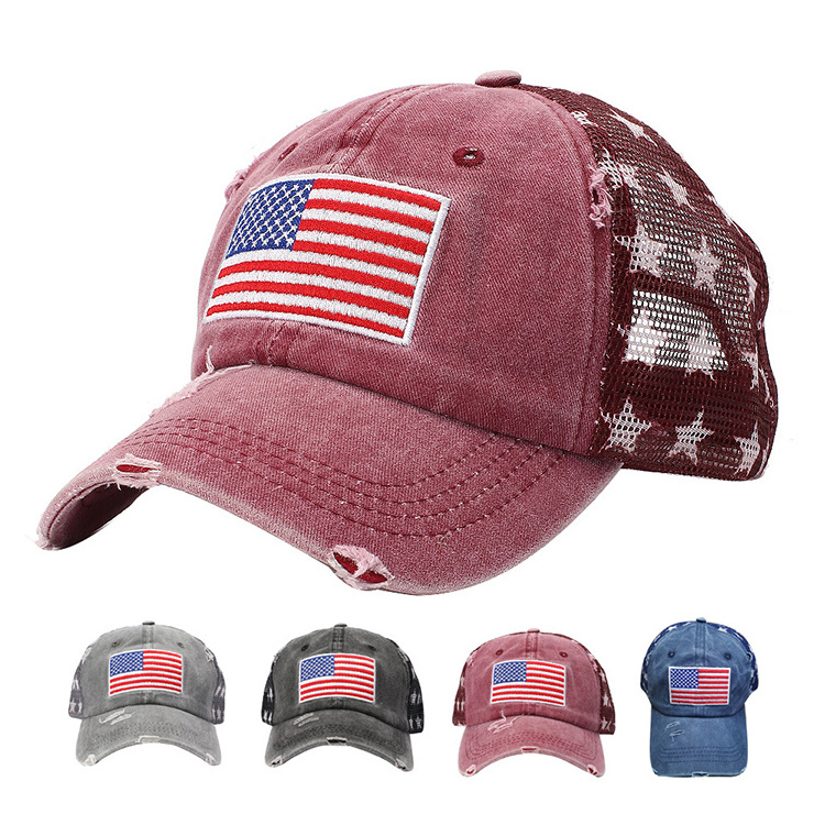 New American Flag Embroidery Baseball Cap Printed Five-star Mesh Sunscreen Breathable Sports Cap Trucker Hat