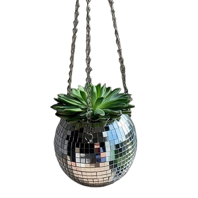 New Arrive Wholesale Disco Mirror Ball Planter Pot Self Watering Ball Plant Hanger Vase Ball Shape Planters 6' Size