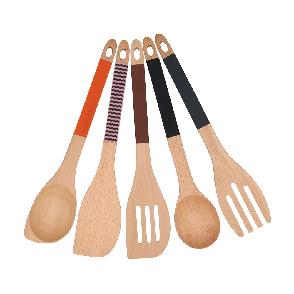 Wood Spoons and Spatula Cookware Beech Wooden Cooking Utensil Set Non-Stick Kitchen 5 Pieces Utensils Set