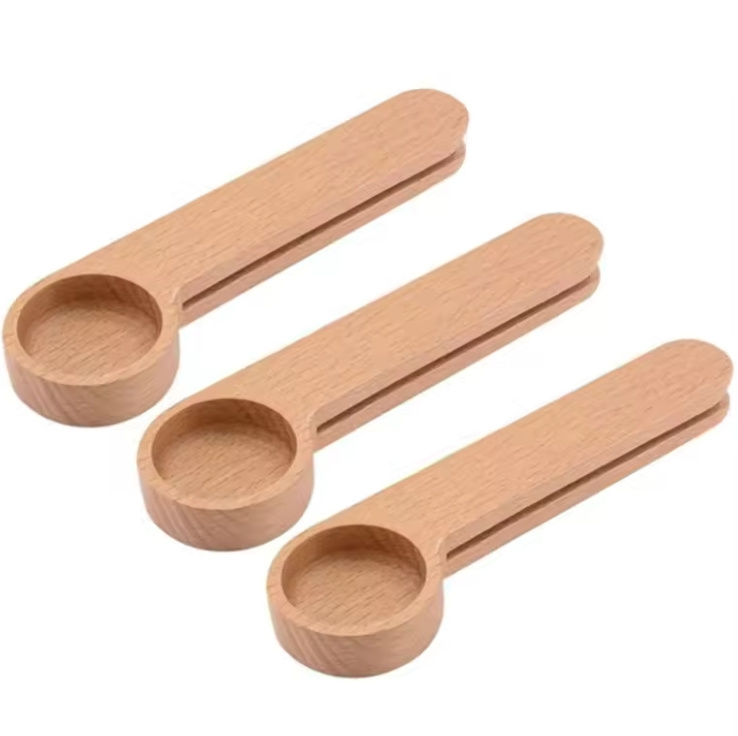 Hot Sale  Original Wood Measuring Scoop Spoon Wooden Coffee Bag Clip Wooden Coffee measuring Spoon with Bag Clip