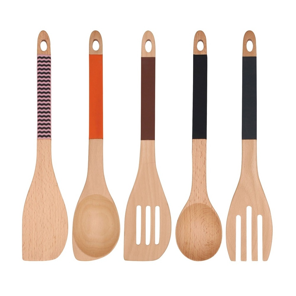 Wood Spoons and Spatula Cookware Beech Wooden Cooking Utensil Set Non-Stick Kitchen 5 Pieces Utensils Set