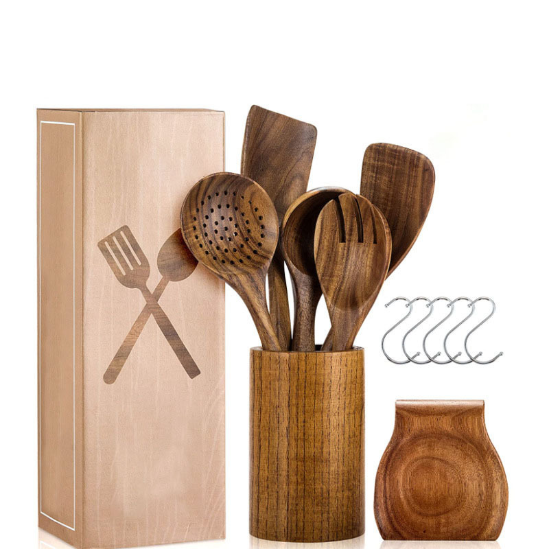 Promotion Cookware Gift Made in China Kitchen Accessories Re-Usable Wood Tool Set Bamboo Stainless Steel Kitchen Wear Utensils