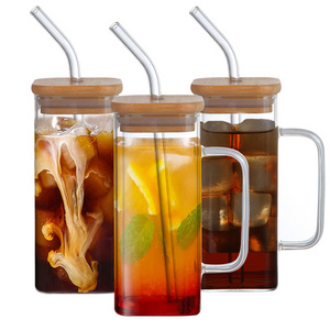 Top Seller Clear Glassware Drinkware Iced Coffee Tea Mug Water Tumbler Dinking Glasses Square Glass Cup with Lid Straw Handle