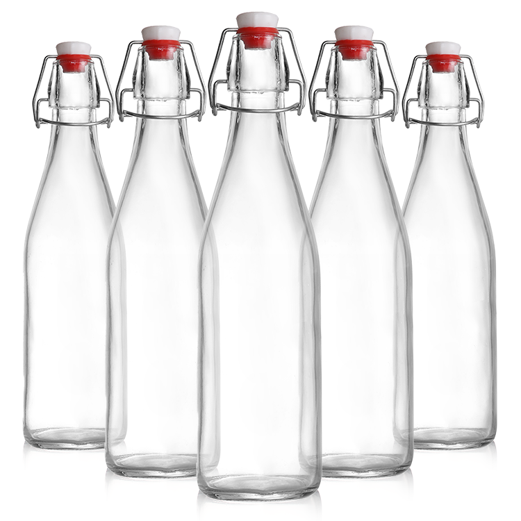 Wholesale eco friendly glassware 250ml 500ml 1000ml clear glass bottle glass jar with clasp lid for milk juice beverage liquor