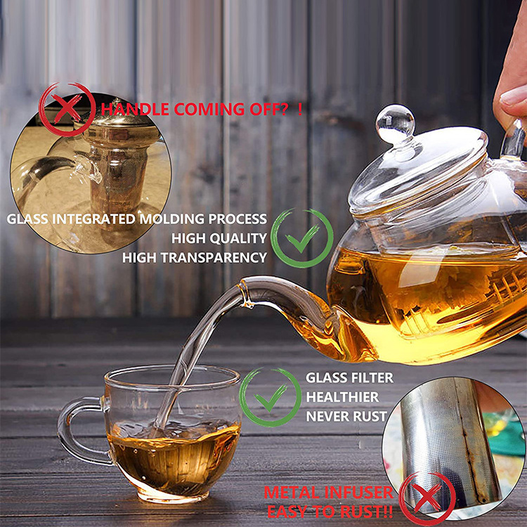 Wholesale borosilicate kettle clear glass tea cup set blooming tea maker teapot glass tea pot set with infuser warmer