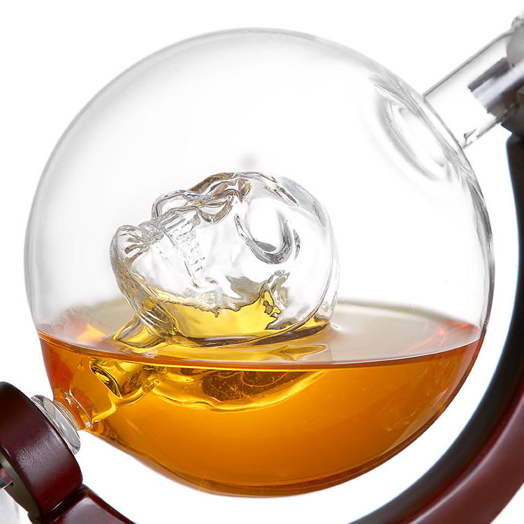 Unique Magic Novelty Gift 850ml Hand Blown Glass Skeleton Globe Bar Set Whiskey Decanter with Glasses Stopper Wooden Base