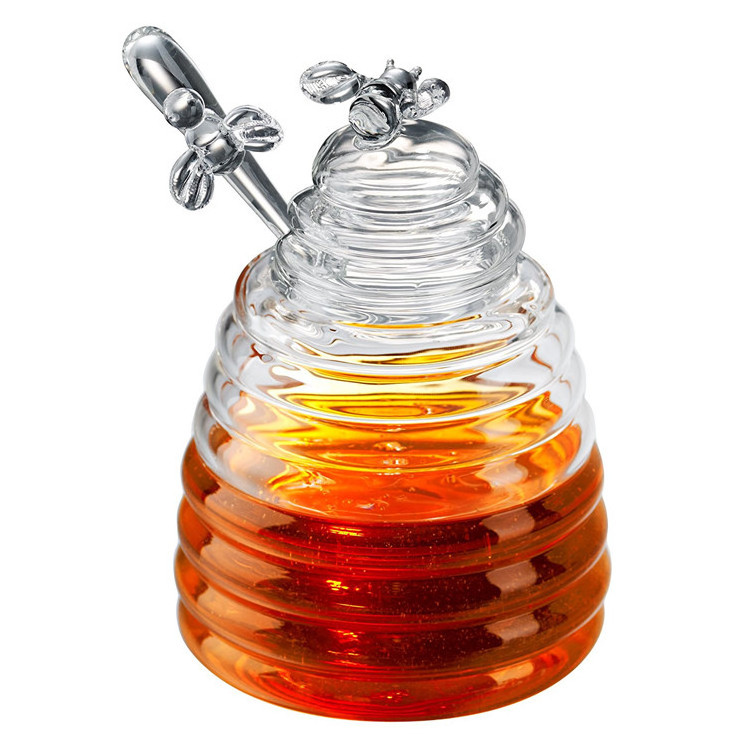 Top seller transparent Clear Borosilicate Glass honey jar with cover lid and glass dipper stick for storing and dispensing honey