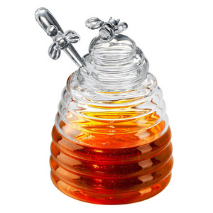 Top seller transparent Clear Borosilicate Glass honey jar with cover lid and glass dipper stick for storing and dispensing honey