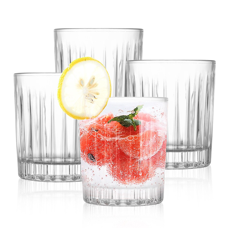 Top Selling Vintage Glass Industrial Striped  Clear Glass For Water Coffee Juice Wine Cocktail  Embossed Whishey Glassware