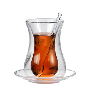 New Design 150ml Borosilicate double walled glasses cups Turkish Black Tea Cup With Saucer and Spoon