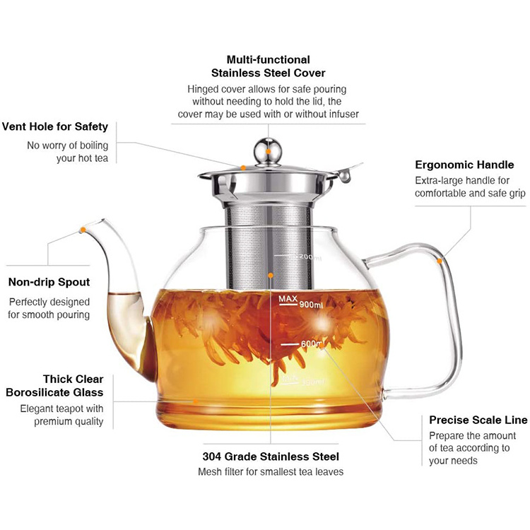 1200ml Glass Teapot with Removable Stainless Steel Infuser 4 Glass Teacups Tea Kettle Gift Set Blooming Loose Leaf Tea Maker Set