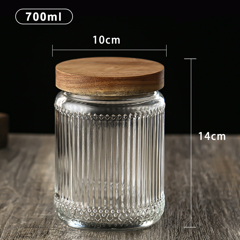 Top seller 700ml clear round vintage ribbed airtight kitchen food spice container bottle pot set glass storage jar with lid