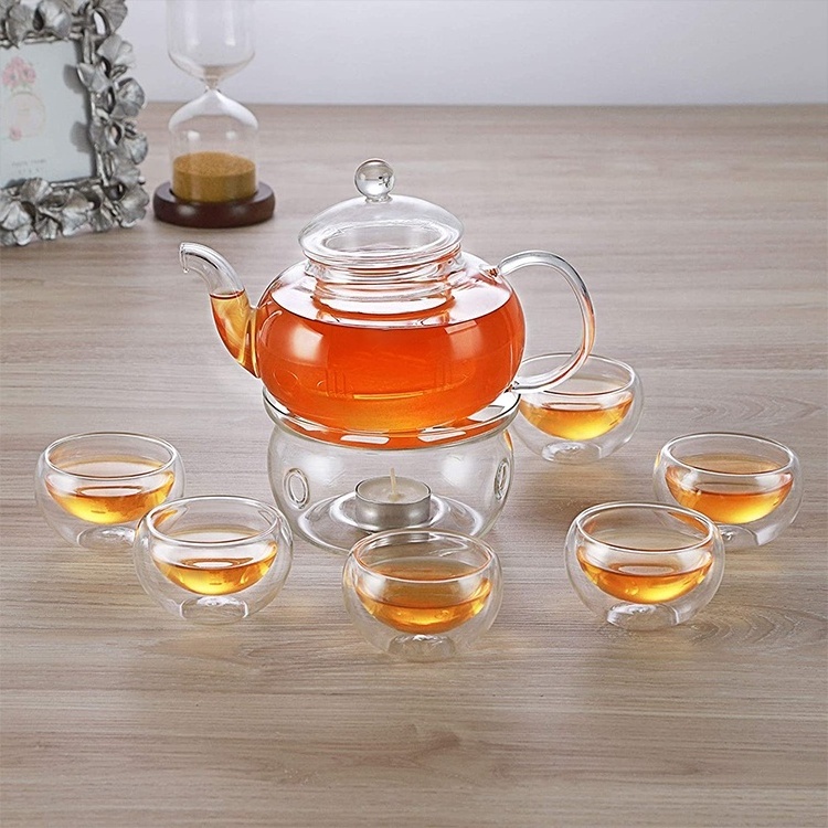 Wholesale custom borosilicate kettle clear glass tea cup set saucer blooming tea maker teapot glass tea pot set with infuser