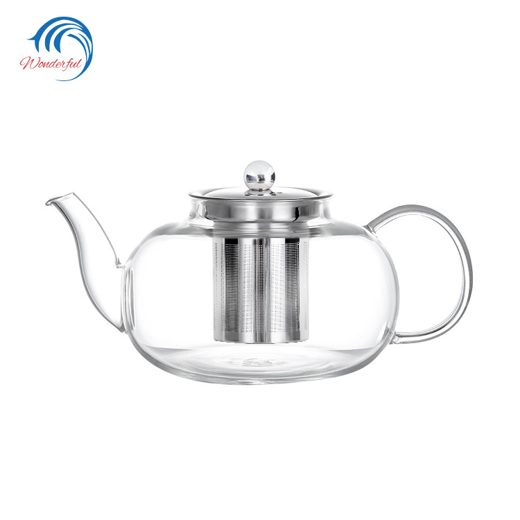 Heat resistant handmade borosilicate clear glass flower chinese teapot with stainless filter tea pot cups for leaf tea