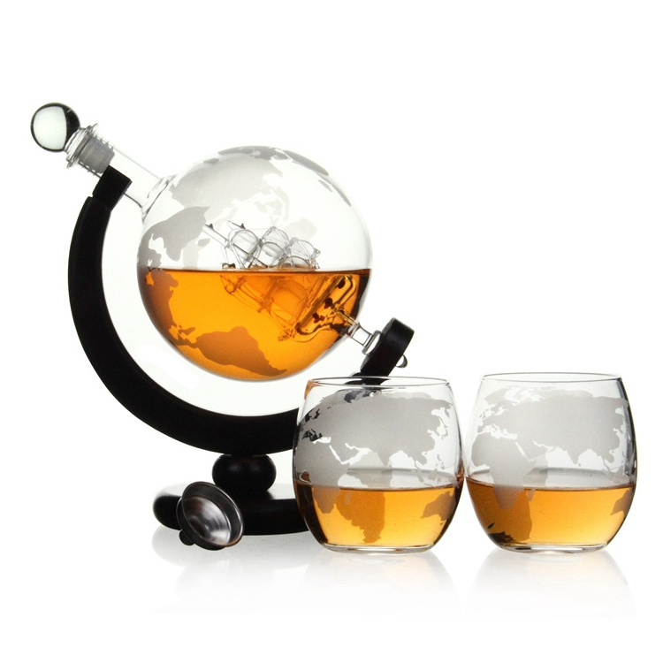 Top Seller Hot Sale New Product Glass Wine Whisky Globe Decanter With Two Whiskey Glass With Funnel