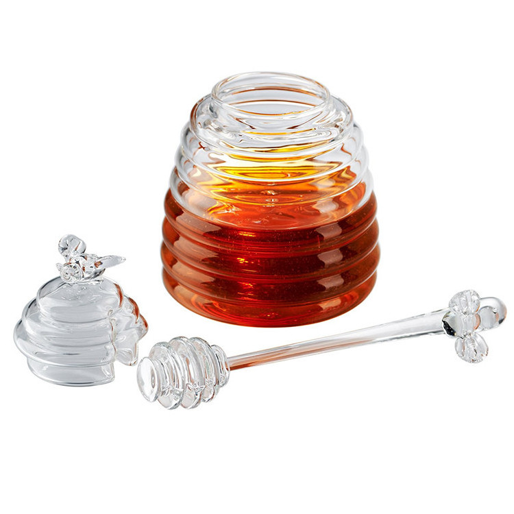 Top seller transparent Clear Borosilicate Glass honey jar with cover lid and glass dipper stick for storing and dispensing honey