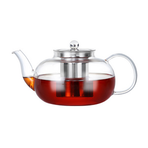 Heat resistant handmade borosilicate clear glass flower chinese teapot with stainless filter tea pot cups for leaf tea