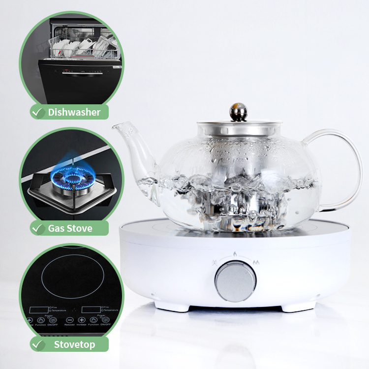 Heat resistant handmade borosilicate clear glass flower chinese teapot with stainless filter tea pot cups for leaf tea