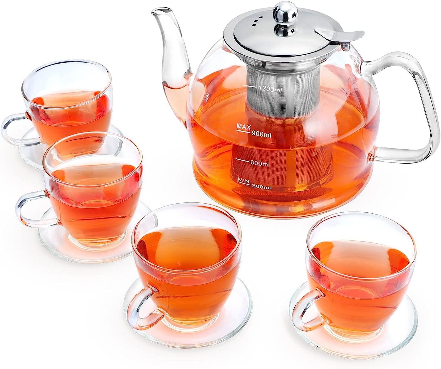 1200ml Glass Teapot with Removable Stainless Steel Infuser 4 Glass Teacups Tea Kettle Gift Set Blooming Loose Leaf Tea Maker Set