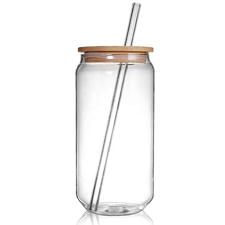 16oz Clear Borosilicate Glassware Drinkware Iced Coffee Cup Tea Mug Water Tumbler Dinking Glasses Beer Can Glass with Lid Straw