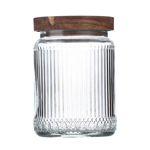 Top seller 700ml clear round vintage ribbed airtight kitchen food spice container bottle pot set glass storage jar with lid