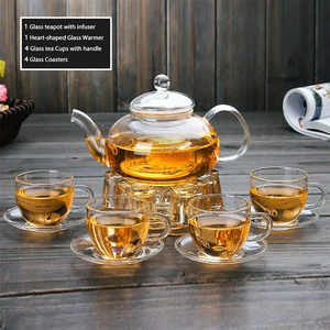 Wholesale borosilicate kettle clear glass tea cup set blooming tea maker teapot glass tea pot set with infuser warmer