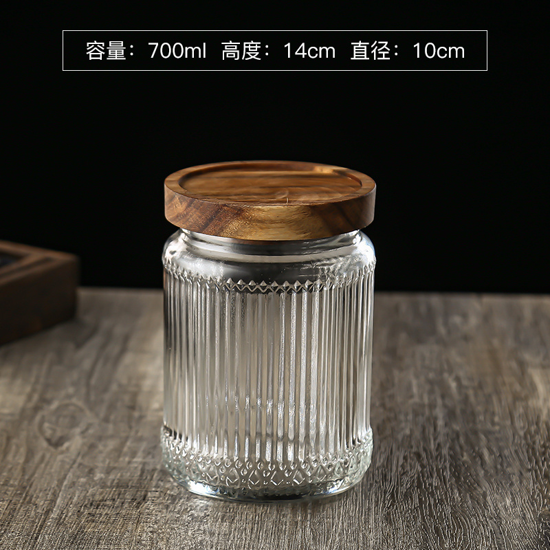 Top seller 700ml clear round vintage ribbed airtight kitchen food spice container bottle pot set glass storage jar with lid