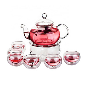 Wholesale custom borosilicate kettle clear glass tea cup set saucer blooming tea maker teapot glass tea pot set with infuser