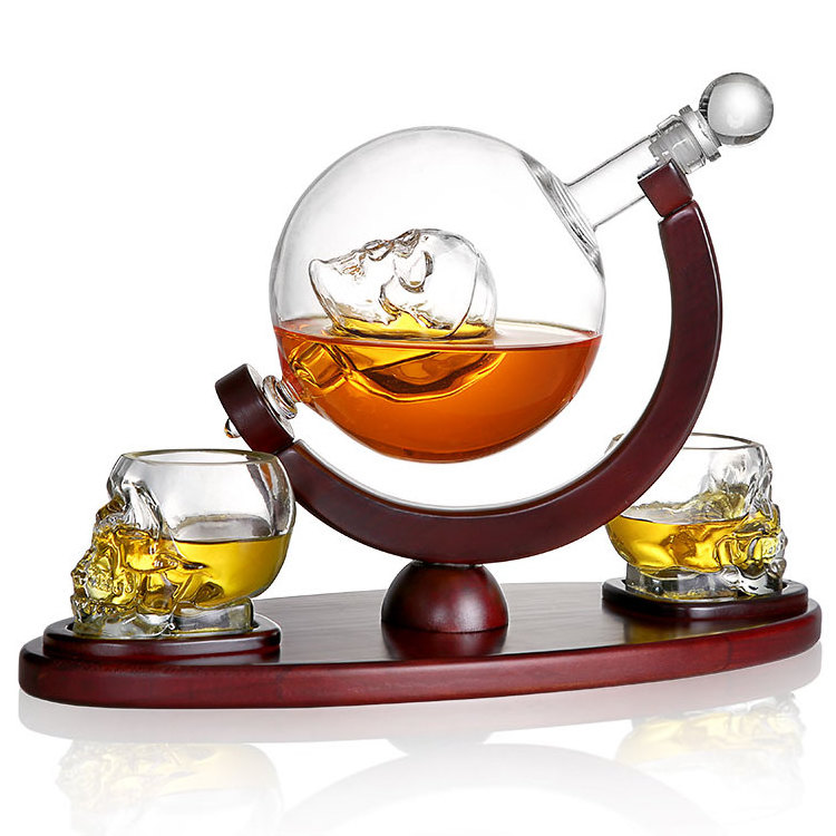 Unique Magic Novelty Gift 850ml Hand Blown Glass Skeleton Globe Bar Set Whiskey Decanter with Glasses Stopper Wooden Base