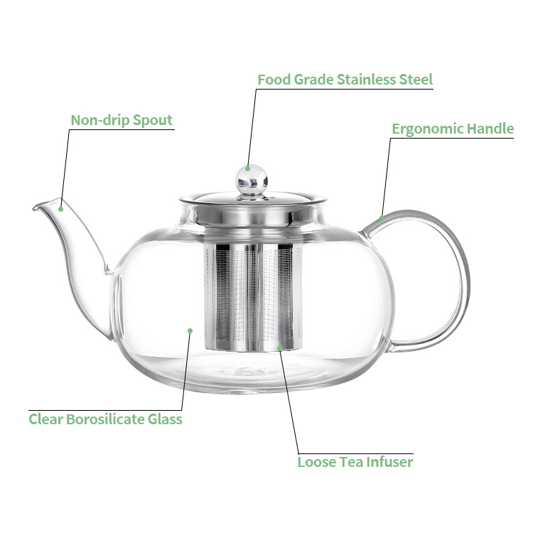 Heat resistant handmade borosilicate clear glass flower chinese teapot with stainless filter tea pot cups for leaf tea