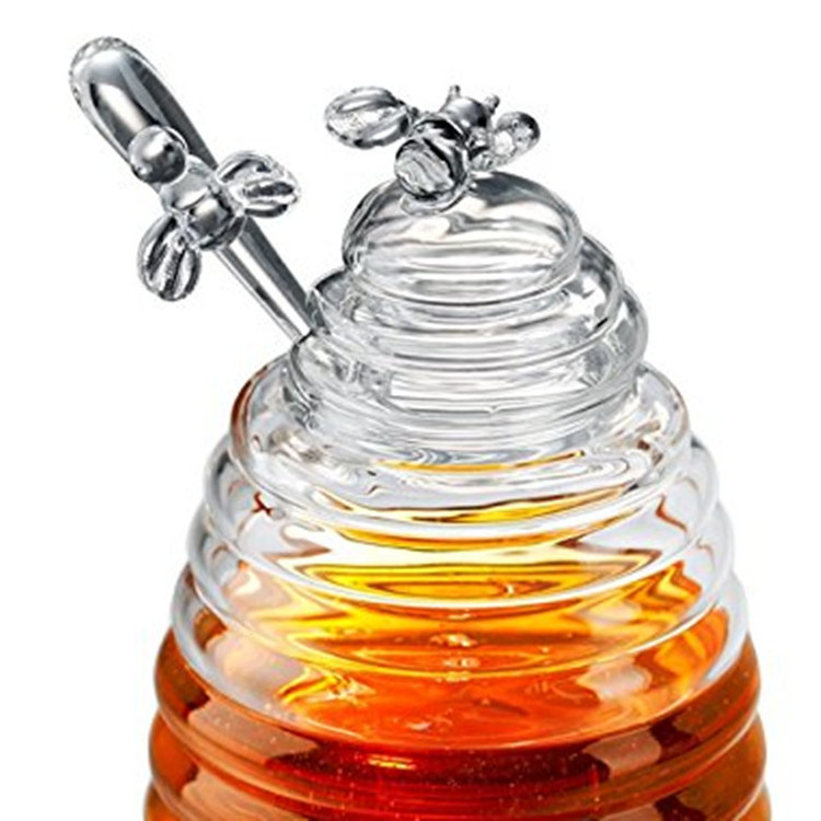 Top seller transparent Clear Borosilicate Glass honey jar with cover lid and glass dipper stick for storing and dispensing honey