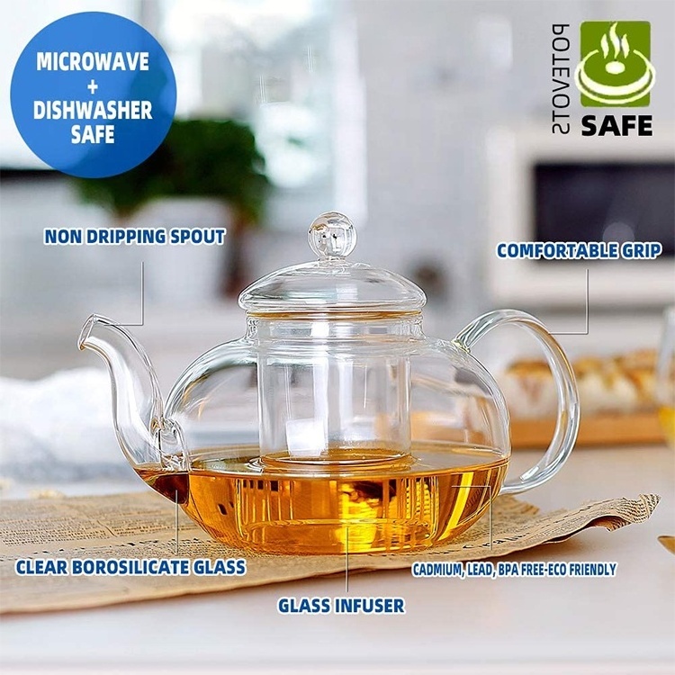 Wholesale custom borosilicate kettle clear glass tea cup set saucer blooming tea maker teapot glass tea pot set with infuser