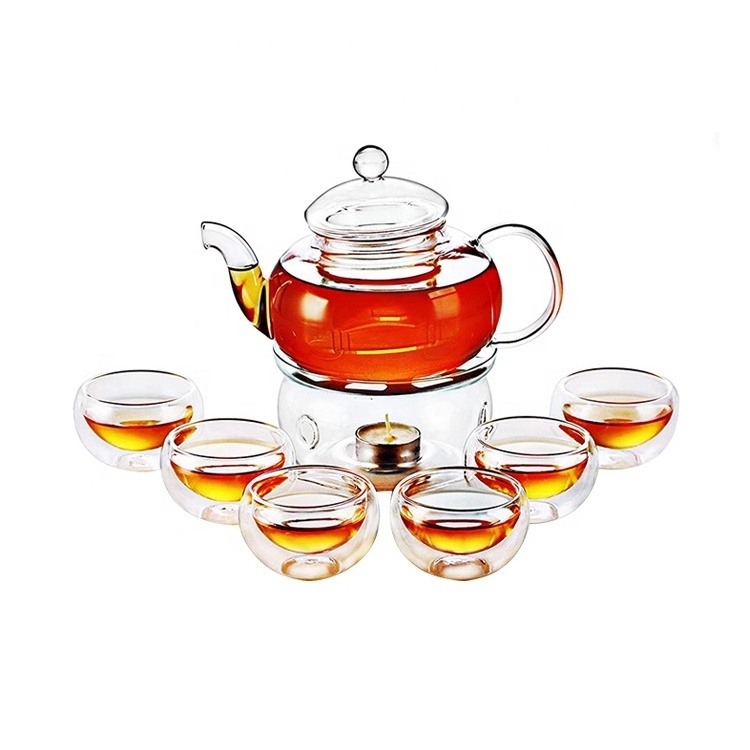 Wholesale custom borosilicate kettle clear glass tea cup set saucer blooming tea maker teapot glass tea pot set with infuser