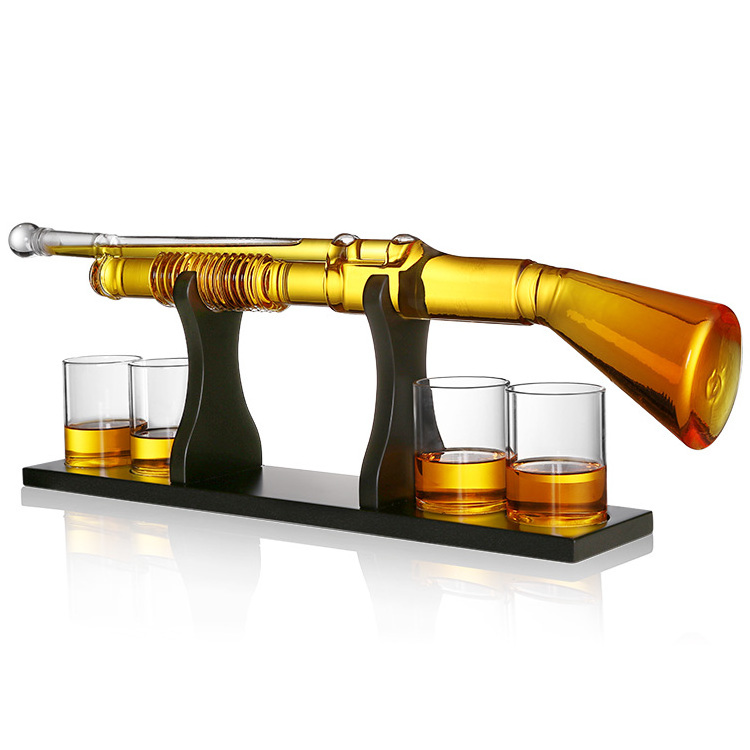 Customize Gift Manufacturer Glass Wine Liquor Whiskey AK 47 Decanter Set with Wooden Stand Bullet Glasses