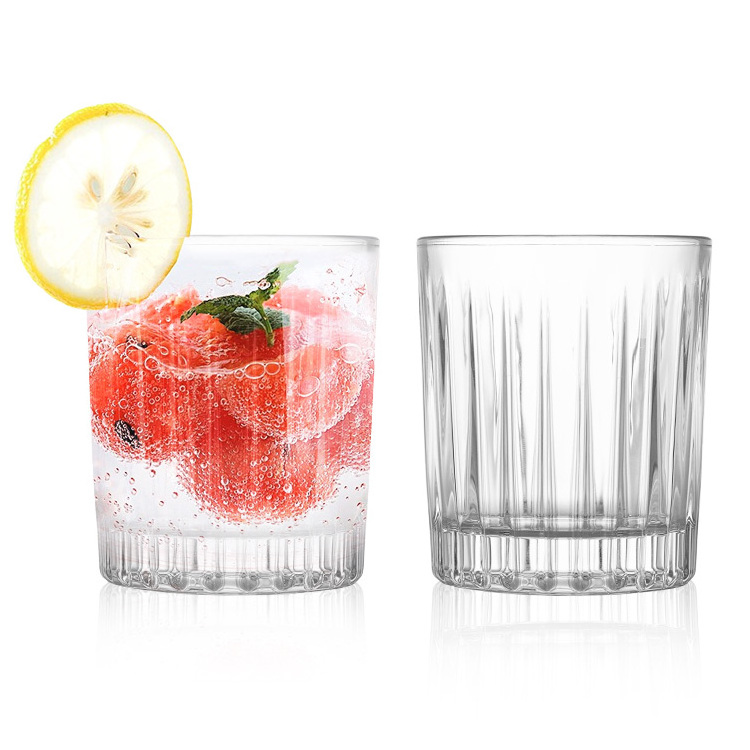 Top Selling Vintage Glass Industrial Striped  Clear Glass For Water Coffee Juice Wine Cocktail  Embossed Whishey Glassware