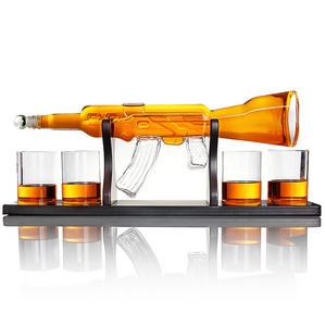 Customize Gift Manufacturer Glass Wine Liquor Whiskey AK 47 Decanter Set with Wooden Stand Bullet Glasses